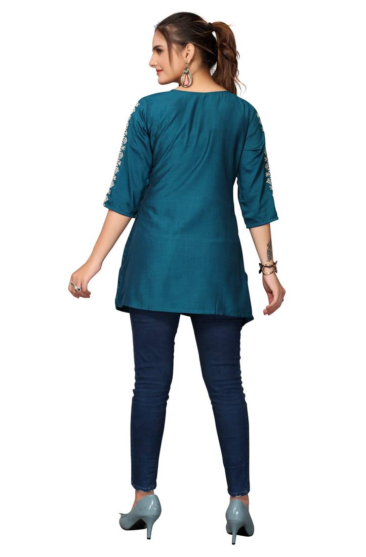 Mohvouge Women's Teal Viscose blend Embroidered Short Top.