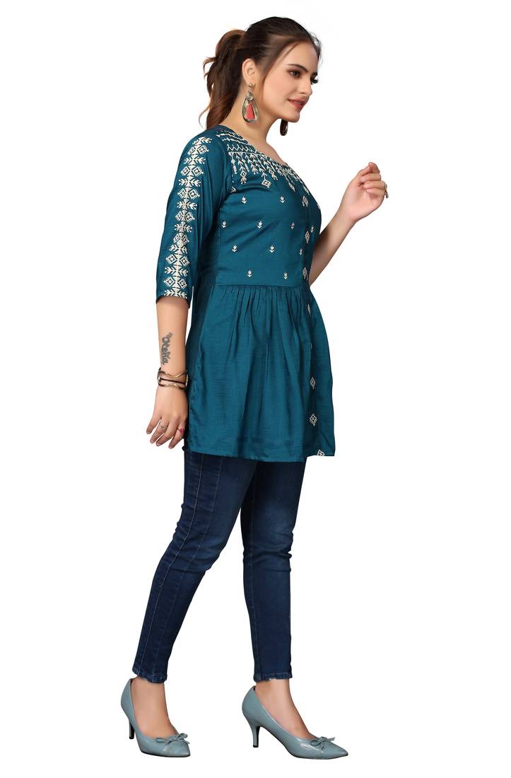 Mohvouge Women's Teal Viscose blend Embroidered Short Top.