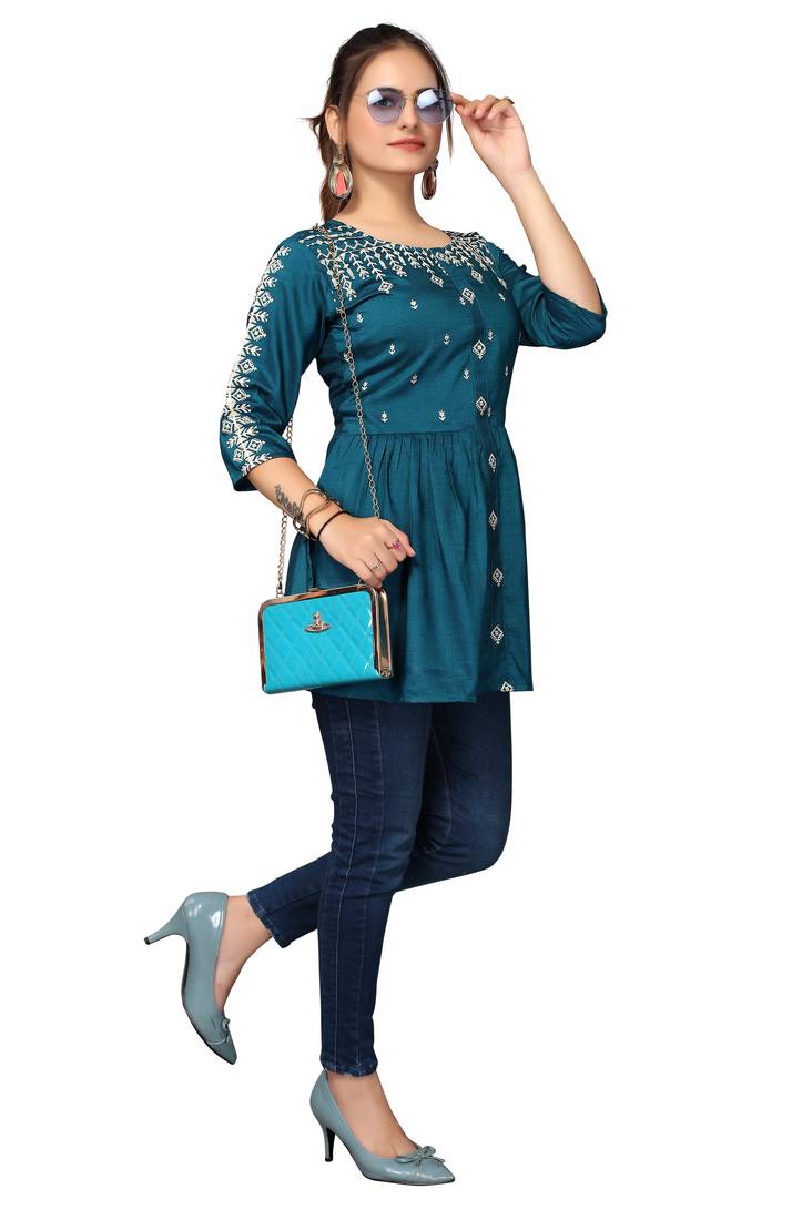 Mohvouge Women's Teal Viscose blend Embroidered Short Top.