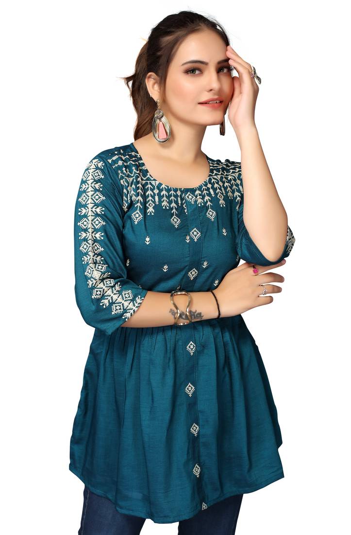 Mohvouge Women's Teal Viscose blend Embroidered Short Top.