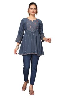 Mohvouge Women's Turquoise Blue Viscose blend Embroidered Short Top. 1