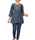 Mohvouge Women's Turquoise Blue Viscose blend Embroidered Short Top.