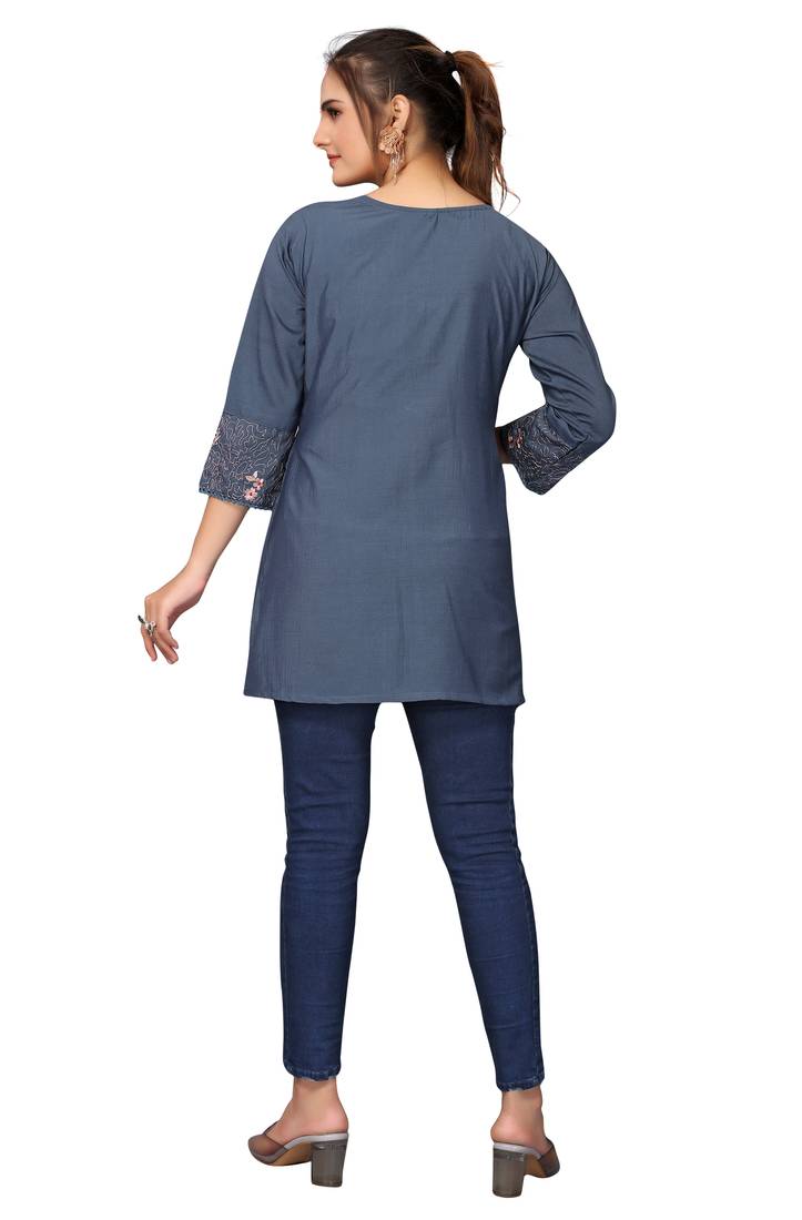 Mohvouge Women's Turquoise Blue Viscose blend Embroidered Short Top.