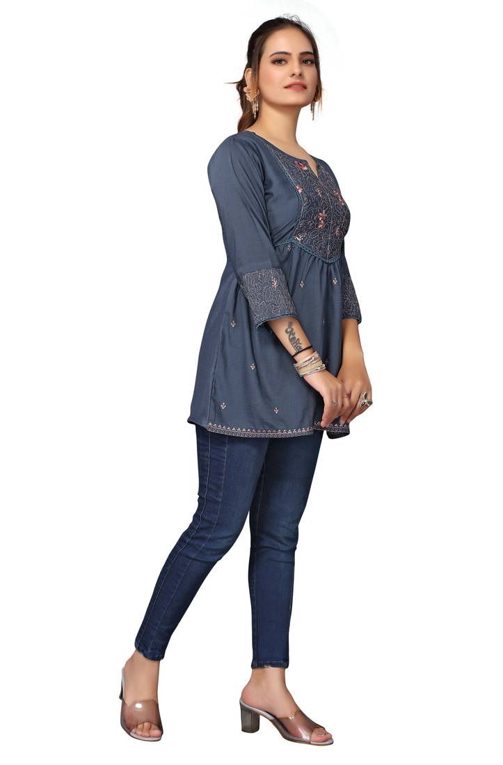 Mohvouge Women's Turquoise Blue Viscose blend Embroidered Short Top.