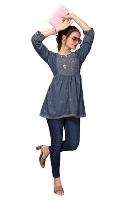Mohvouge Women's Turquoise Blue Viscose blend Embroidered Short Top. 4