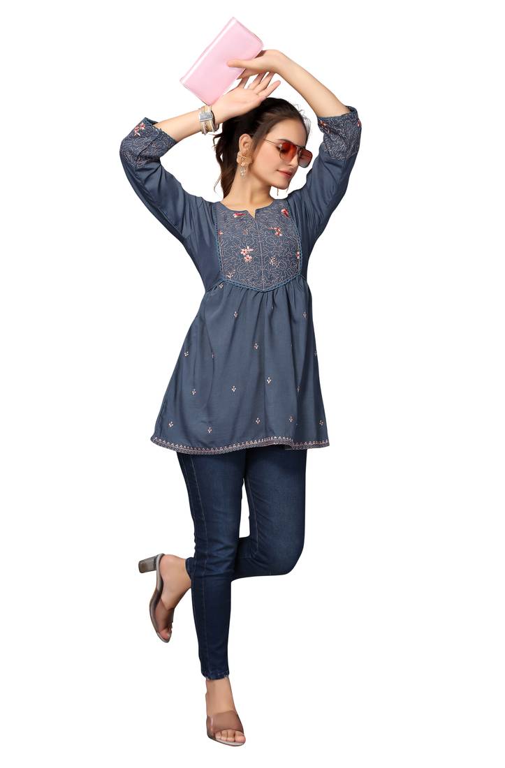 Mohvouge Women's Turquoise Blue Viscose blend Embroidered Short Top.