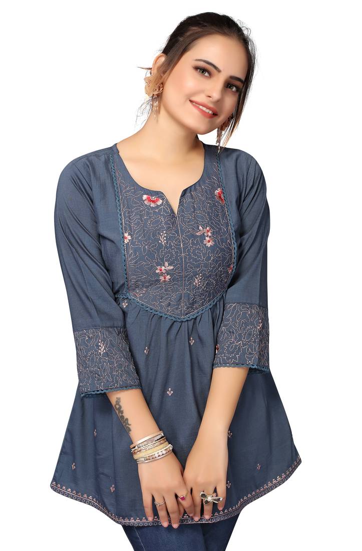 Mohvouge Women's Turquoise Blue Viscose blend Embroidered Short Top.