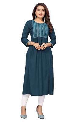 Mohvouge Teal Colored Rayon Embriodered Kurta. 1