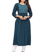 Mohvouge Teal Colored Rayon Embriodered Kurta.