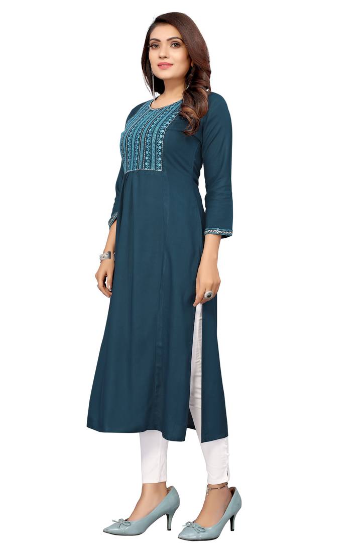 Mohvouge Teal Colored Rayon Embriodered Kurta.