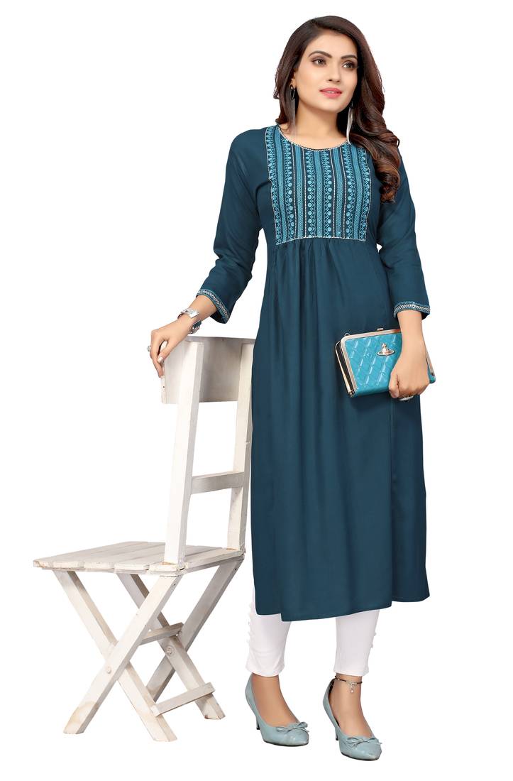 Mohvouge Teal Colored Rayon Embriodered Kurta.