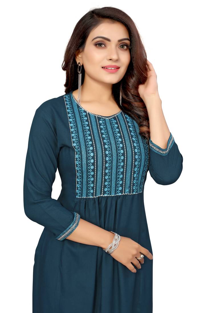 Mohvouge Teal Colored Rayon Embriodered Kurta.