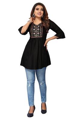 Mohvouge Women's Black Floral Embroidered Rayon Top. 1
