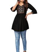 Mohvouge Women's Black Floral Embroidered Rayon Top.