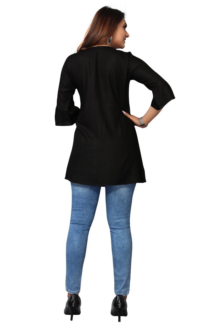 Mohvouge Women's Black Floral Embroidered Rayon Top.