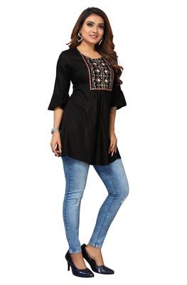 Mohvouge Women's Black Floral Embroidered Rayon Top. 3