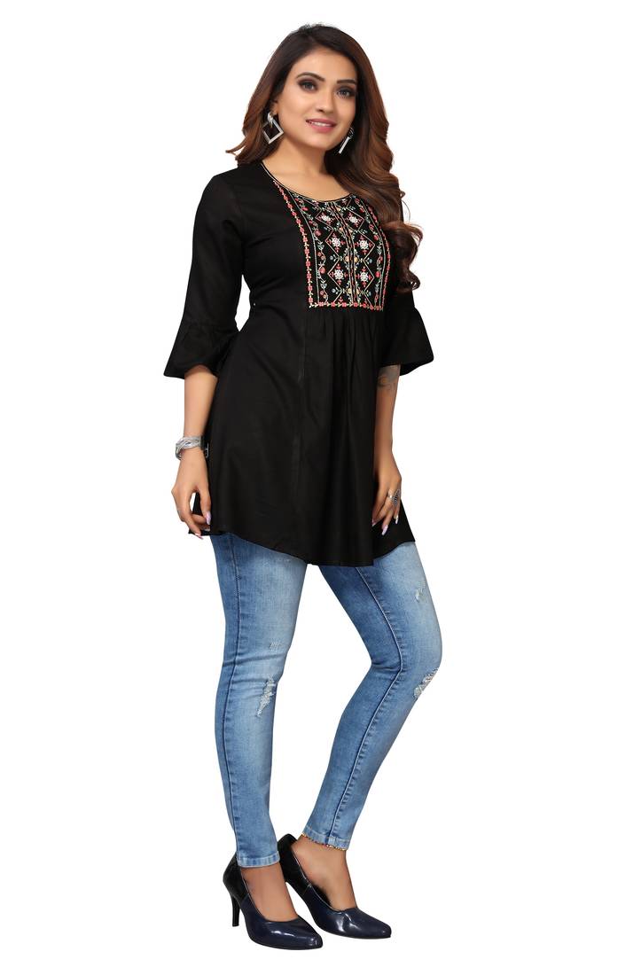 Mohvouge Women's Black Floral Embroidered Rayon Top.