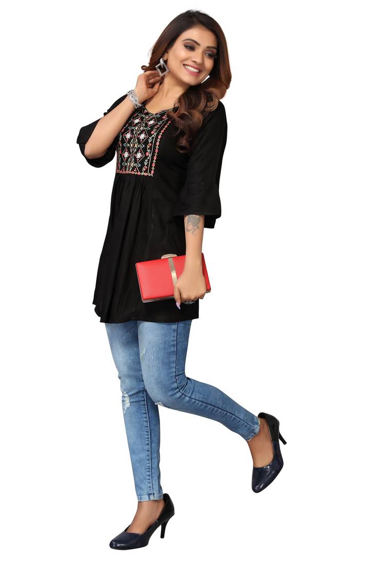 Mohvouge Women's Black Floral Embroidered Rayon Top.