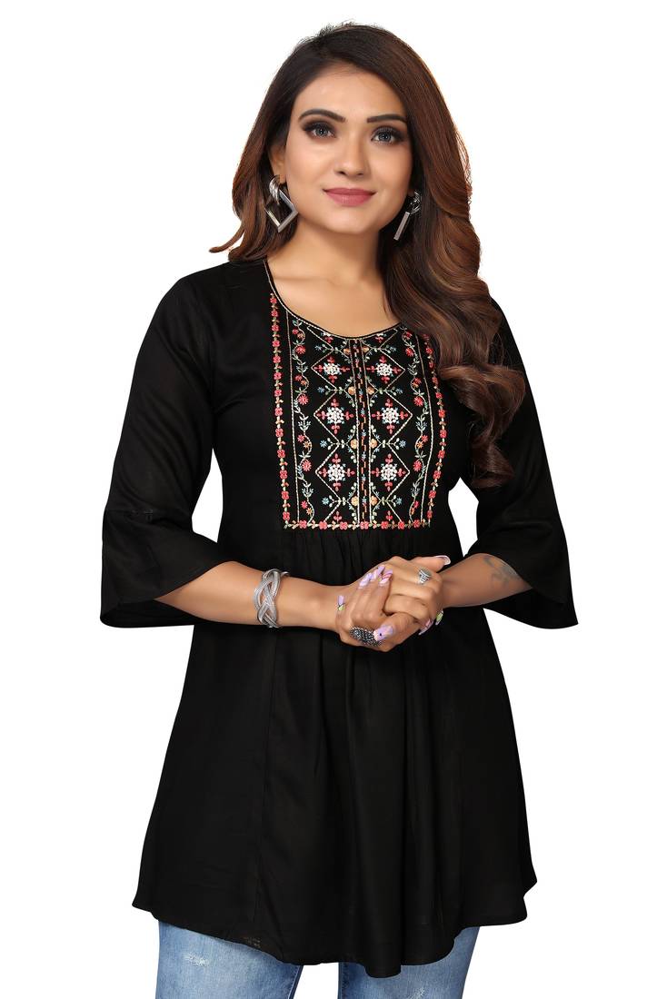 Mohvouge Women's Black Floral Embroidered Rayon Top.