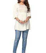 Mohvouge Women's White Floral Embroidered Rayon Top.