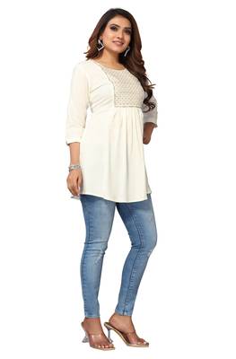Mohvouge Women's White Floral Embroidered Rayon Top. 3
