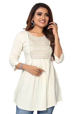 Mohvouge Women's White Floral Embroidered Rayon Top. 5