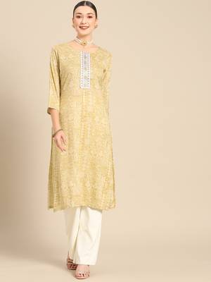 Mohvouge Cream Printed and Embroidery Work Poly Cotton Kurta. 1