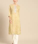 Mohvouge Cream Printed and Embroidery Work Poly Cotton Kurta.