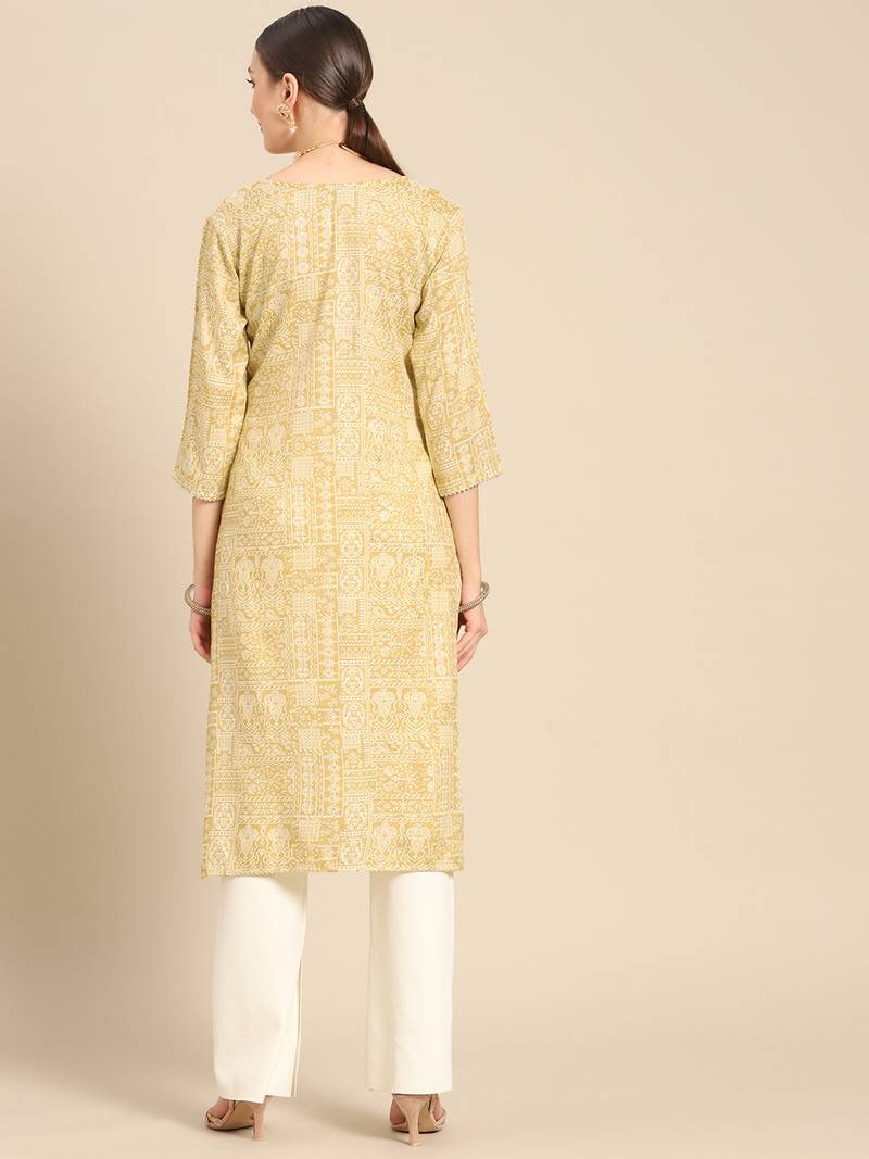 Mohvouge Cream Printed and Embroidery Work Poly Cotton Kurta.