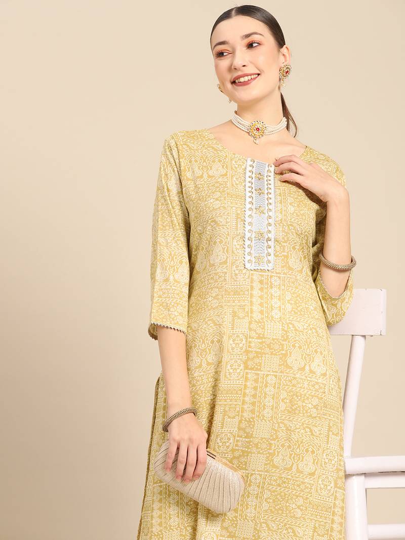 Mohvouge Cream Printed and Embroidery Work Poly Cotton Kurta.