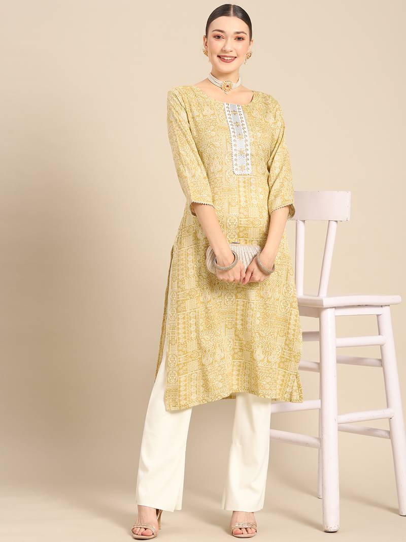 Mohvouge Cream Printed and Embroidery Work Poly Cotton Kurta.