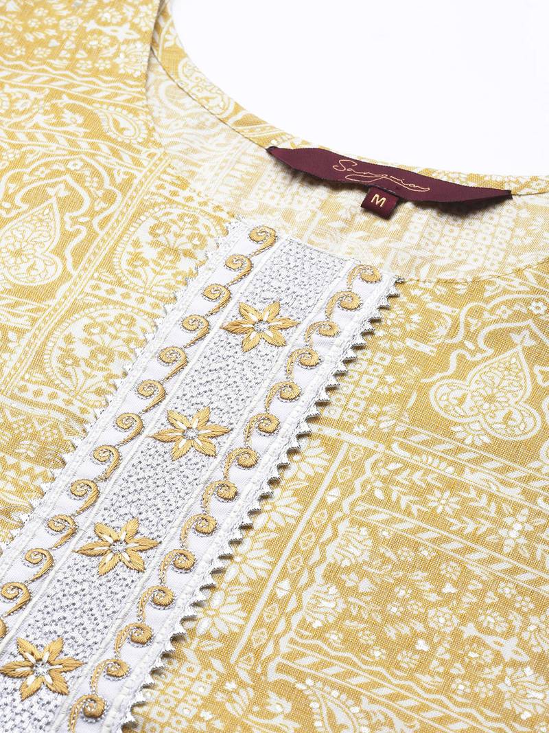 Mohvouge Cream Printed and Embroidery Work Poly Cotton Kurta.
