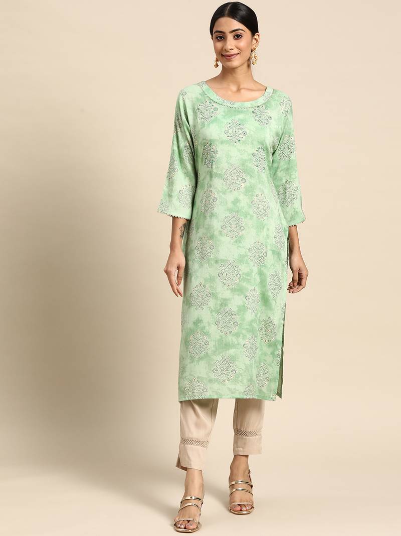 Mohvouge Sea Green Printed and Embroidery Work Poly Cotton Kurta.