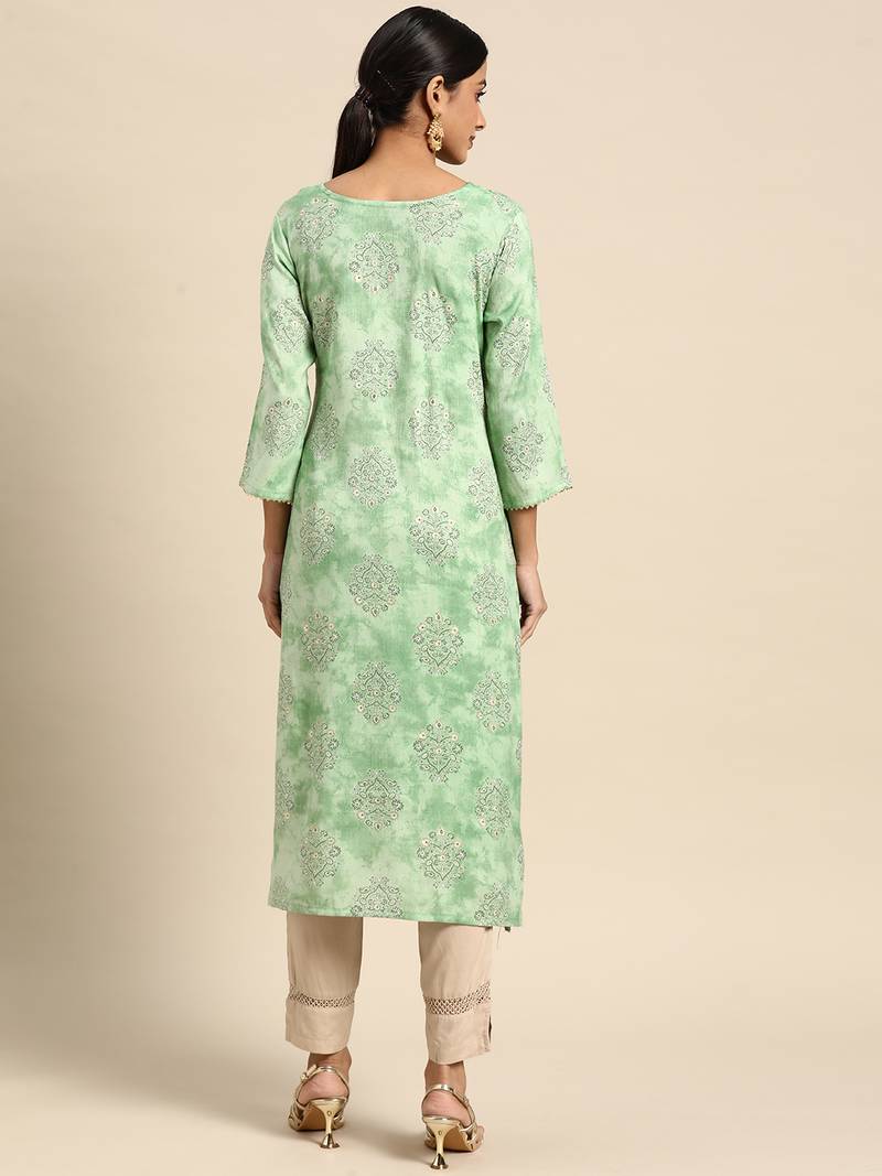 Mohvouge Sea Green Printed and Embroidery Work Poly Cotton Kurta.