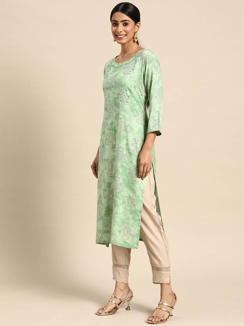Mohvouge Sea Green Printed and Embroidery Work Poly Cotton Kurta.