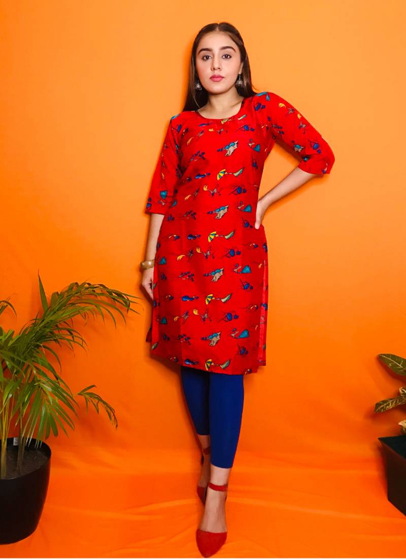 Mohvogue Red Abstract printed Crepe Designer Short kurtis.