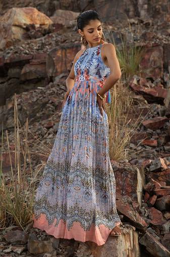 Indigo Bloom Halter Maxi Dress