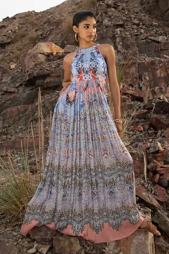 Indigo Bloom Halter Maxi Dress