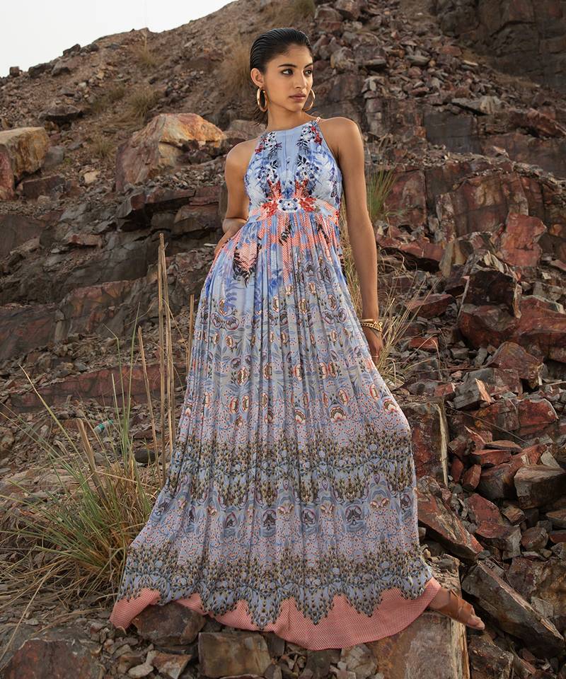 Indigo Bloom Halter Maxi Dress