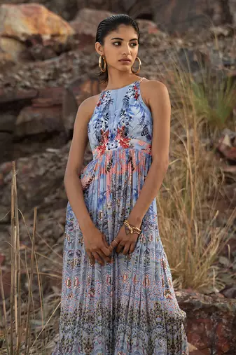 Indigo Bloom Halter Maxi Dress