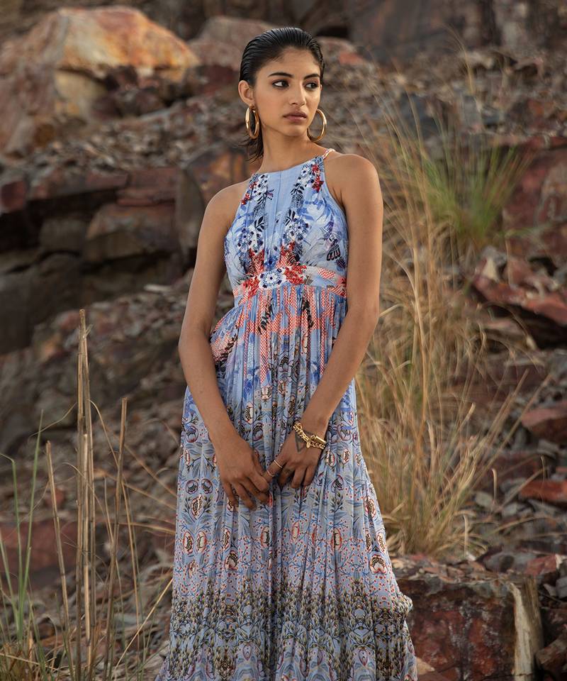 Indigo Bloom Halter Maxi Dress