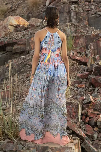 Indigo Bloom Halter Maxi Dress