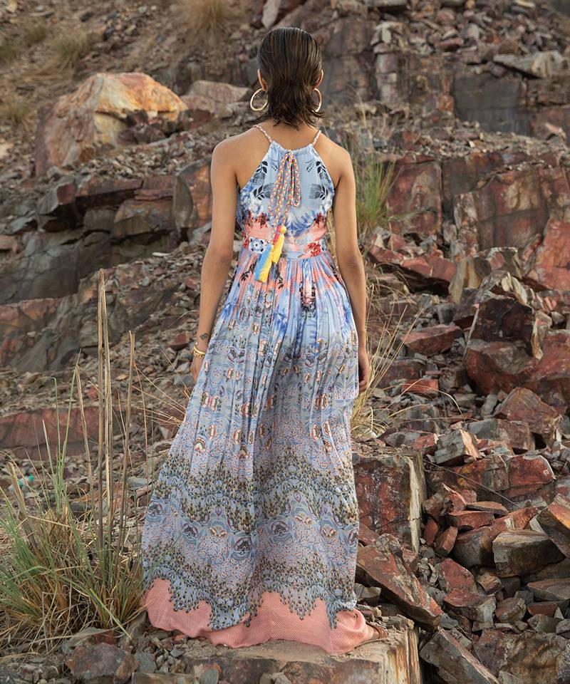 Indigo Bloom Halter Maxi Dress