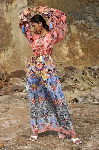 Indigo Blooming Cold Shoulder Maxi Dress