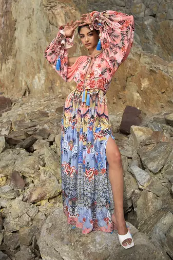 Indigo Blooming Cold Shoulder Maxi Dress