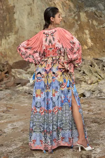 Indigo Blooming Cold Shoulder Maxi Dress