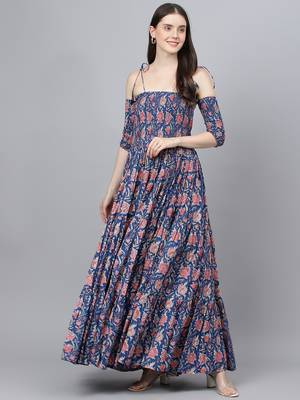 Blue printed cotton long-dresses 1