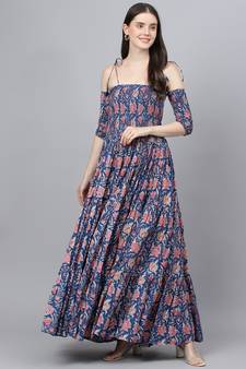 Blue printed cotton long-dresses