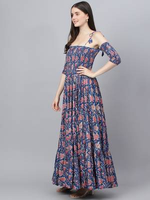 Blue printed cotton long-dresses 3