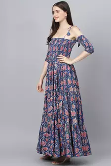 Blue printed cotton long-dresses